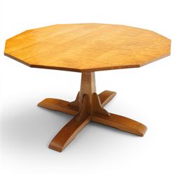 Gnomeman - adzed oak dodecagon dining table, the shaped top raised on a cruciform base wit...