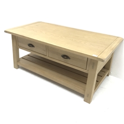 Rectangular oak coffee table with two through drawers and undertier, 121cm x 60cm, H49cm