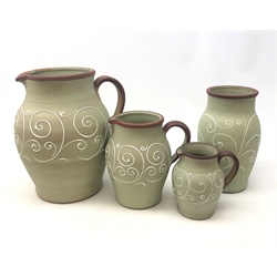  Set of three Denby Stoneware graduate jugs and matching vase decorated in the Ferndale pattern (H31cm max)  