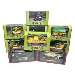 Scalextric - eight Hornby Teenage Mutant Ninja Turtles slot cars, nos.C130, C131, C132, C134, C338, C339, C421 & C422; and two further Scalextric slot cars, C465 Batmobile and C139 Parmalat Brabham; all boxed (10)