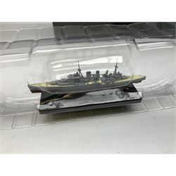 DeAgostini Atlas Editions - HMS Anson, HMS Exeter, HMS Renown, HMS Nelson, HMS Warspite, HMS Hood, Bismark, and USS Saratoga, all boxed; DeAgostini - Gneisenau, Blucher, and Prinz Eugen, packaged; together with ten further DeAgostini battleships, unboxed, and a Gilbow RMS Olympic model, boxed (qty)