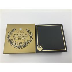Queen Elizabeth II Australia 2022 gold proof fifty dollar 'Australian Sovereign Piedfort' coin, cased with certificate 