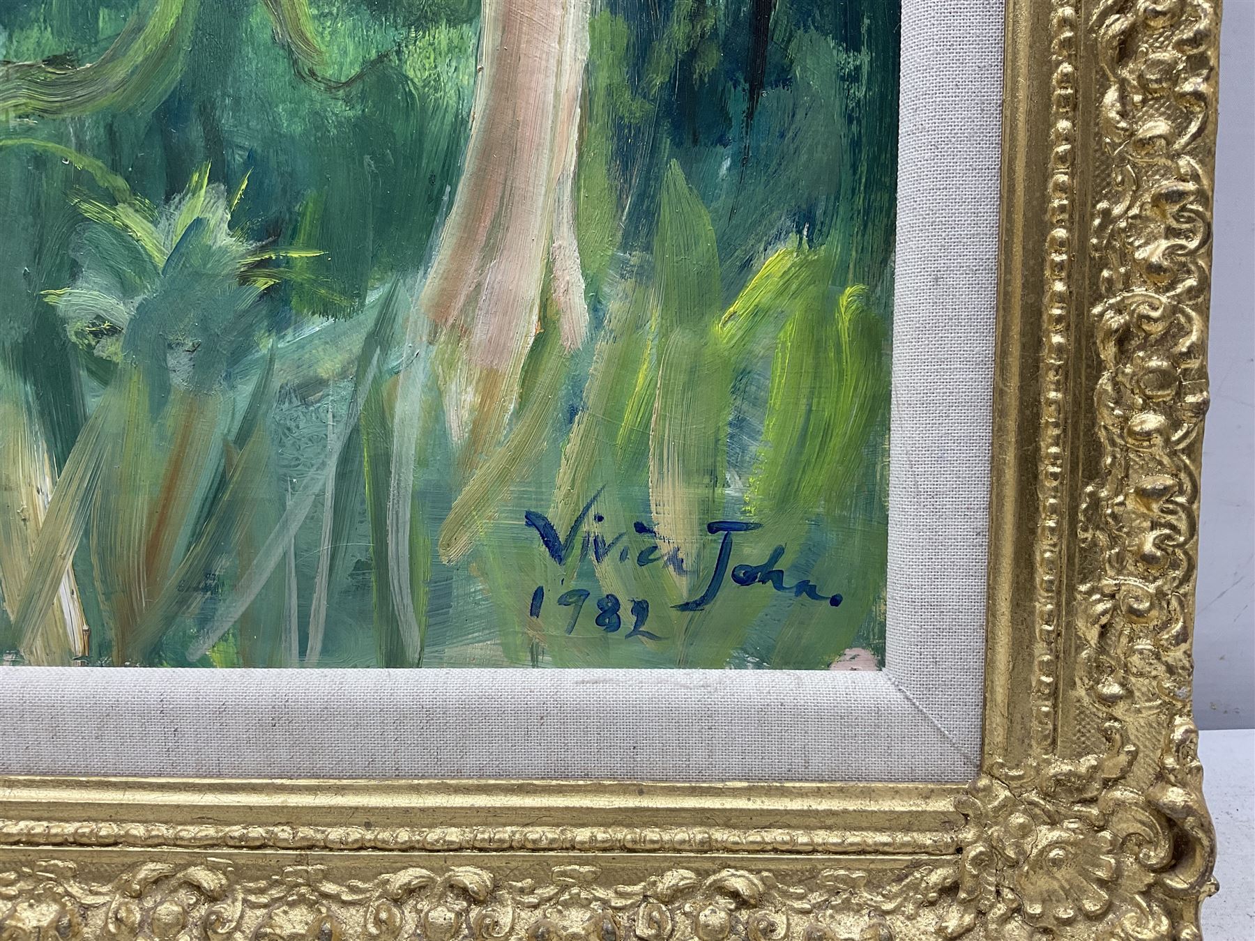 Vivien John (British 1915-1994): 'Forest Scene', oil on board signed and dated 1982, titled on label verso 55cm x 37cm 