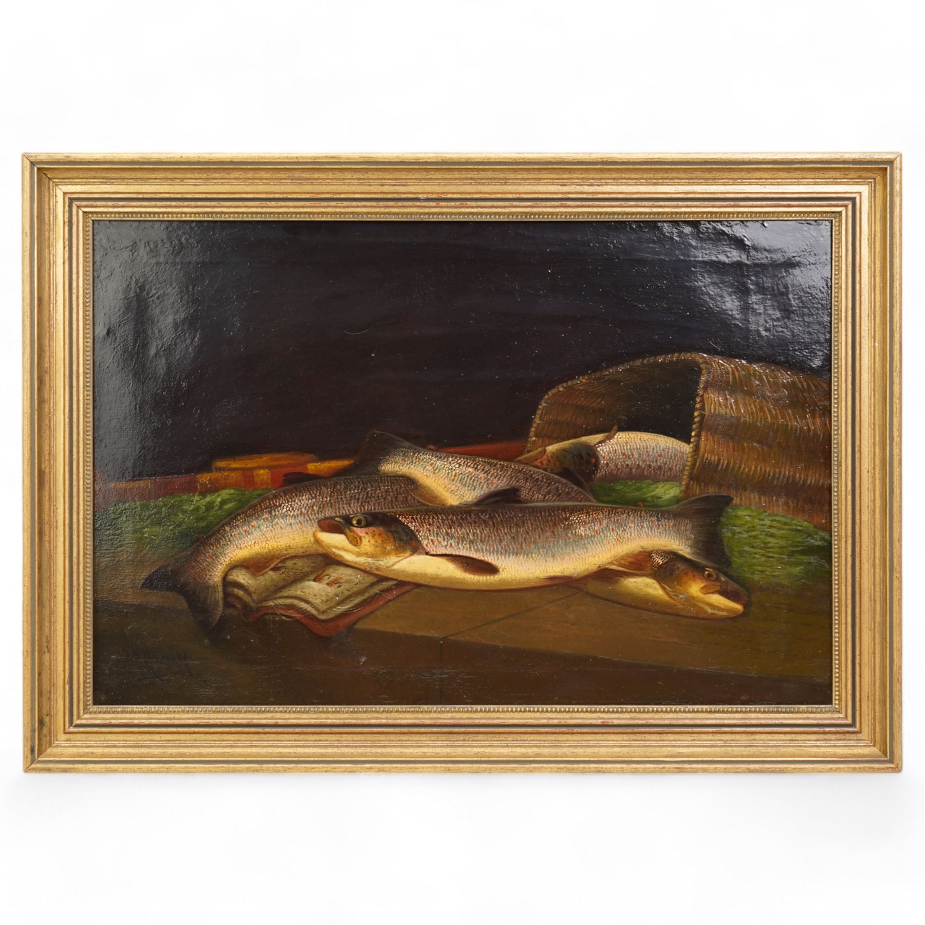 James B Russell (Scottish 1867-1956): Still Life of 'A Good Basket of Spey Trout' and 'Hare Pheasant and Snipe', pair oils on canvas signed, the latter dated 1923, titled verso 39cm x 59cm (2)
Notes: James B Russell was the son of the artist John Bucknell Russell (Scottish 1820-1893), both painted under the signature J.B. Russell, with similar styles and subject matters; as a result the two are often confused. 