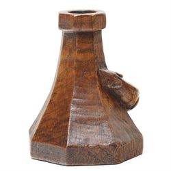 Mouseman - 1920s octagonal oak candlestick of squat form with lappet top, carved with left-facing fat mouse signature with long tail, by Robert Thompson, Kilburn 
