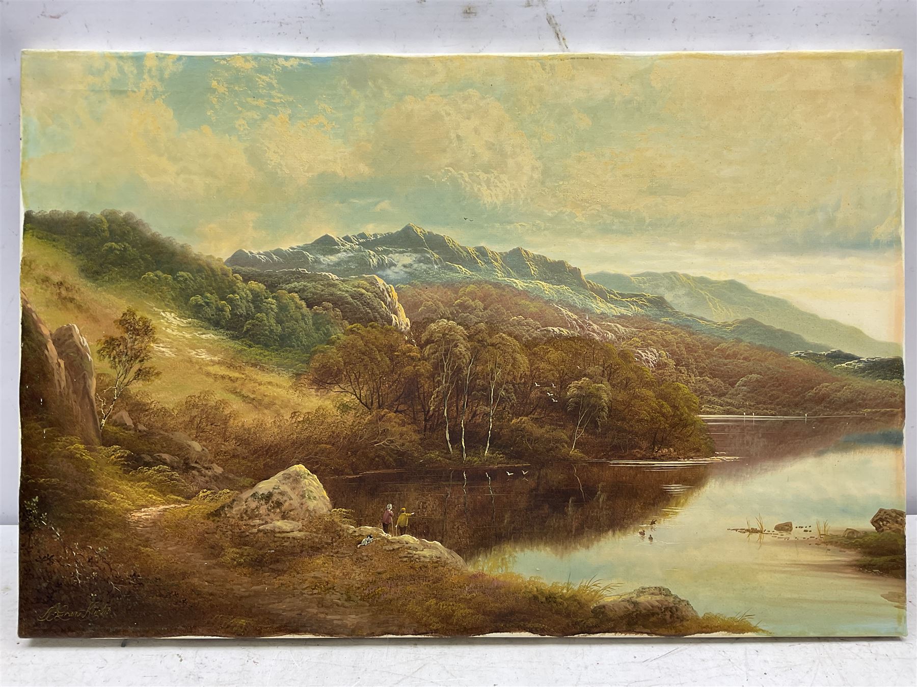 Andrew Grant Kurtis (British 1963-): Autumn Stroll by the Loch, oil on canvas 50cm x 76cm (unframed)