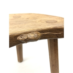  'Mouseman' oak three legged stool, dished adzed seat by Robert Thompson of Kilburn, H35cm x W31cm   