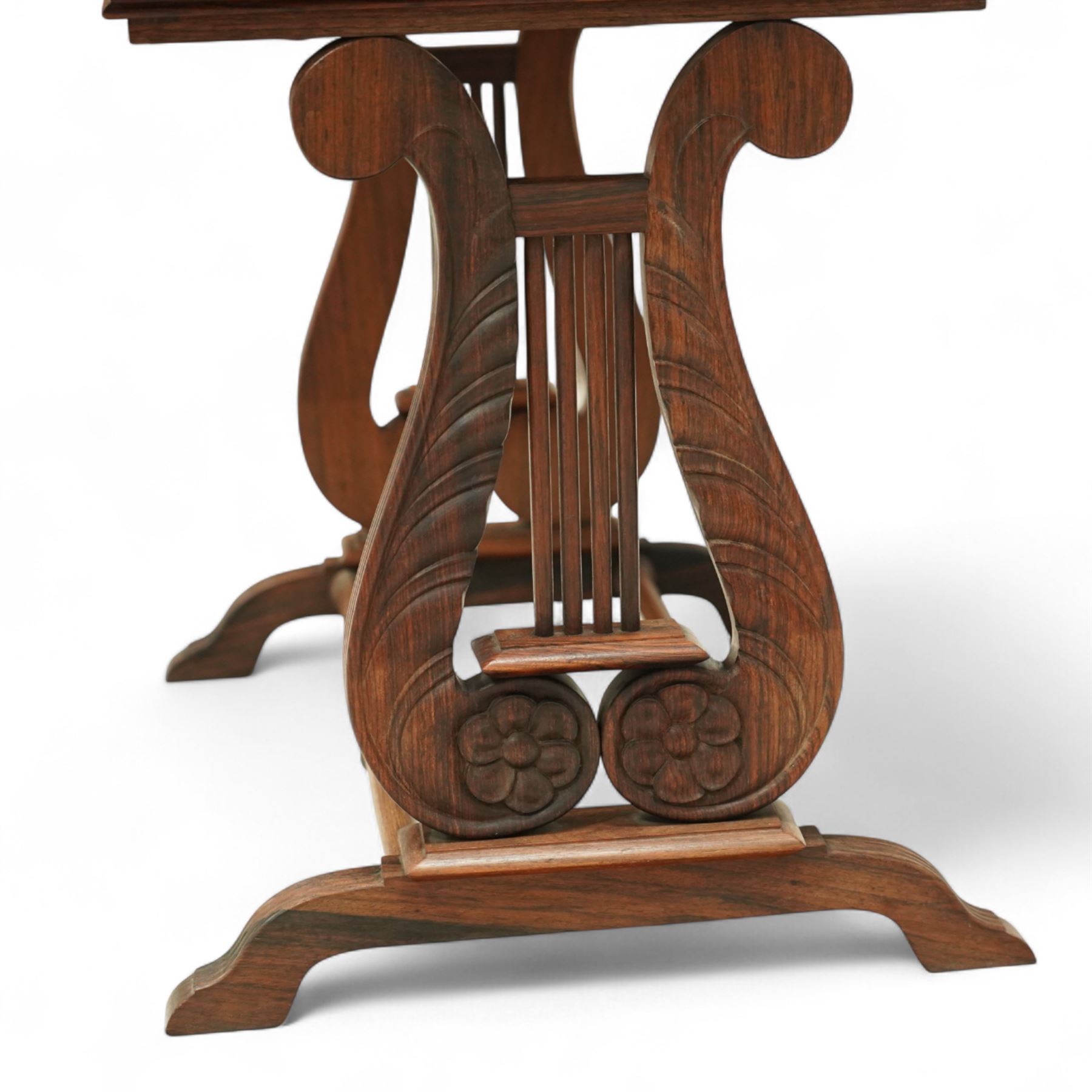 Regency design rosewood butler’s tray on stand, rectangular tray with moulded gallery raised on lyre-end supports united by turned stretchers