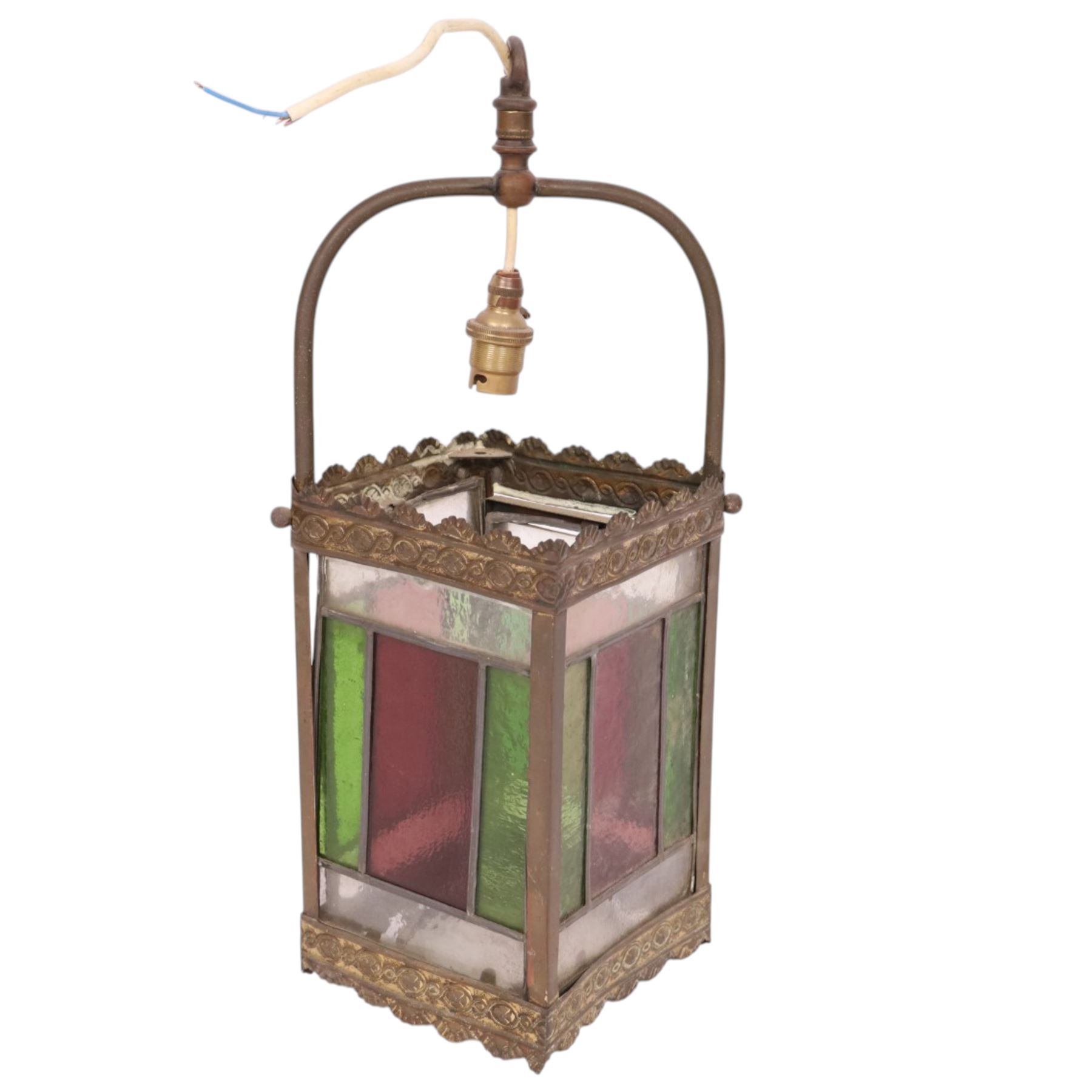 Victorian brass and stained glass hall lantern, H47cm