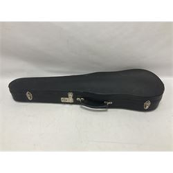 19th century full sized violin in a later hard case, decorative mother of pearl inlay to the tail piece Overall length 60cm No bow