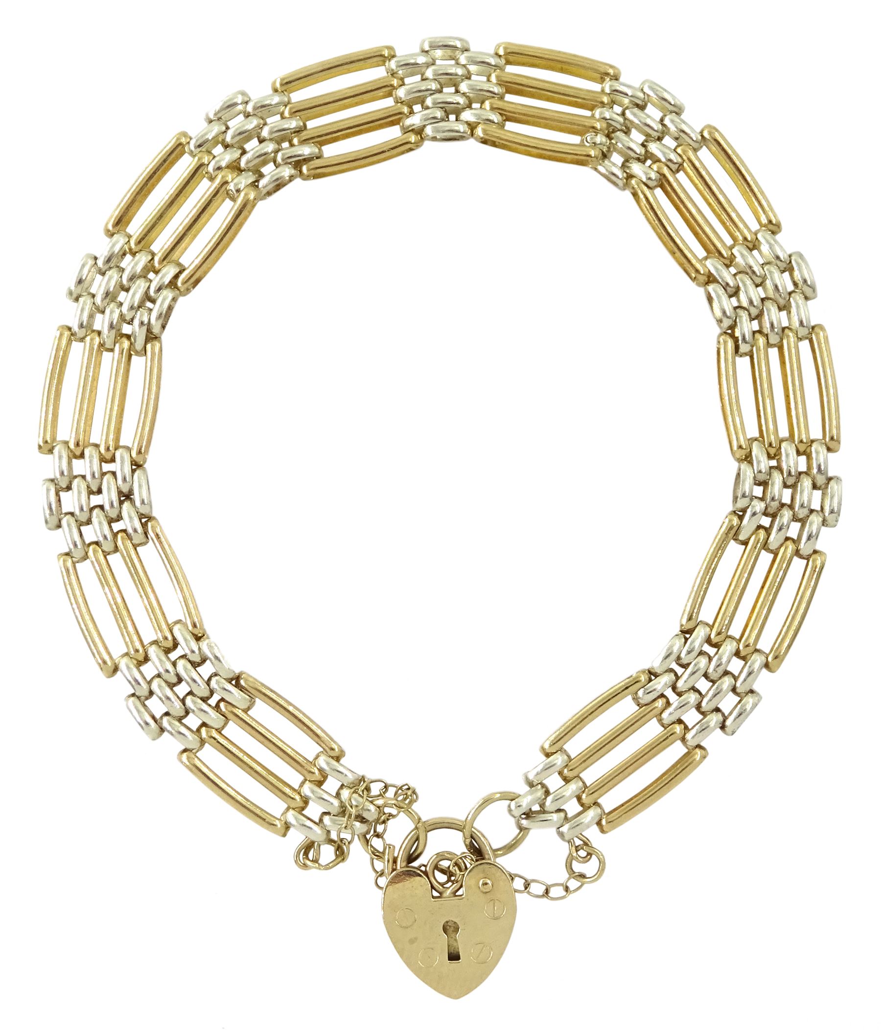 9ct two tone gold four bar gate bracelet, with heart locket clasp, stamped 375
