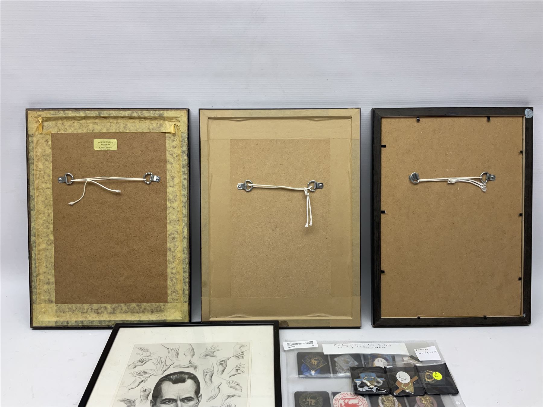 Enamel Horse racing members badges, together with three framed signed racing characters jockey prints, including Steve Smith Eccles, Willie Shoemaker and Greville Starkey, and one other print