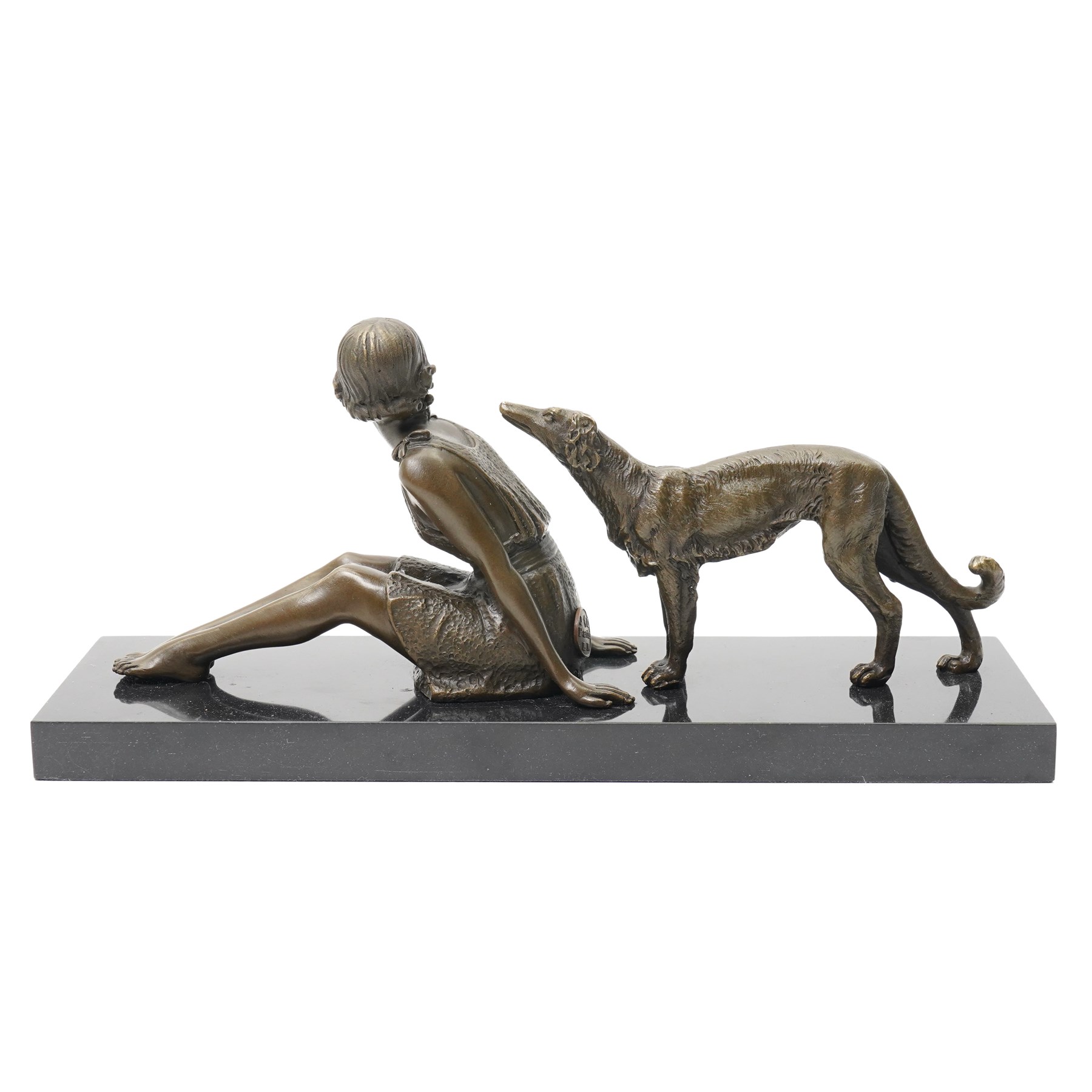 After Démete Chiparus (Romanian 1886-1947): A Girl and Her Borzoi Hound, art deco bronze, on black marble plinth, including base W29cm 