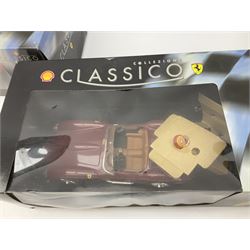 Two Collezione Classico large scale die-cast models of a Ferrari 1972 312P with Racing Fuel Pump and Ferrari 1958 250 Testa Rossa with Road Fuel Pump; and two Minichamps 1:18 scale models of a McLaren Mercedes Racing Car and Auto Union Typ C racing car; all boxed (4)