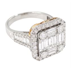 18ct white and rose gold baguette and round brilliant cut diamond cluster ring, with diamond set shoulders, stamped 750, total diamond weight approx 2.75 carat, with World Gemological Institute report
