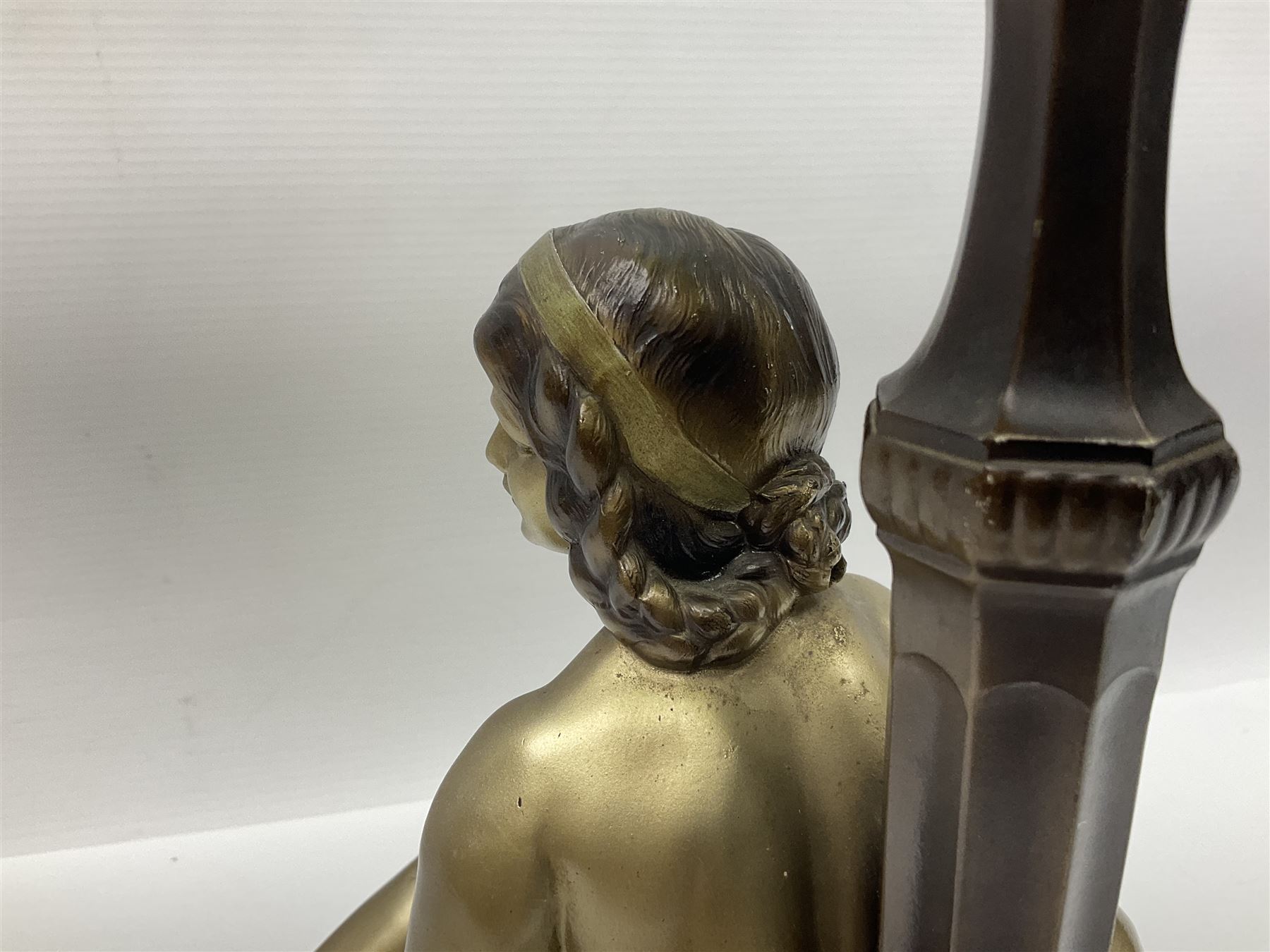 Art Deco style bronzed and gilded spelter figural table lamp with green Uranium glass shade; H48cm, another table lamp; and a bisque group