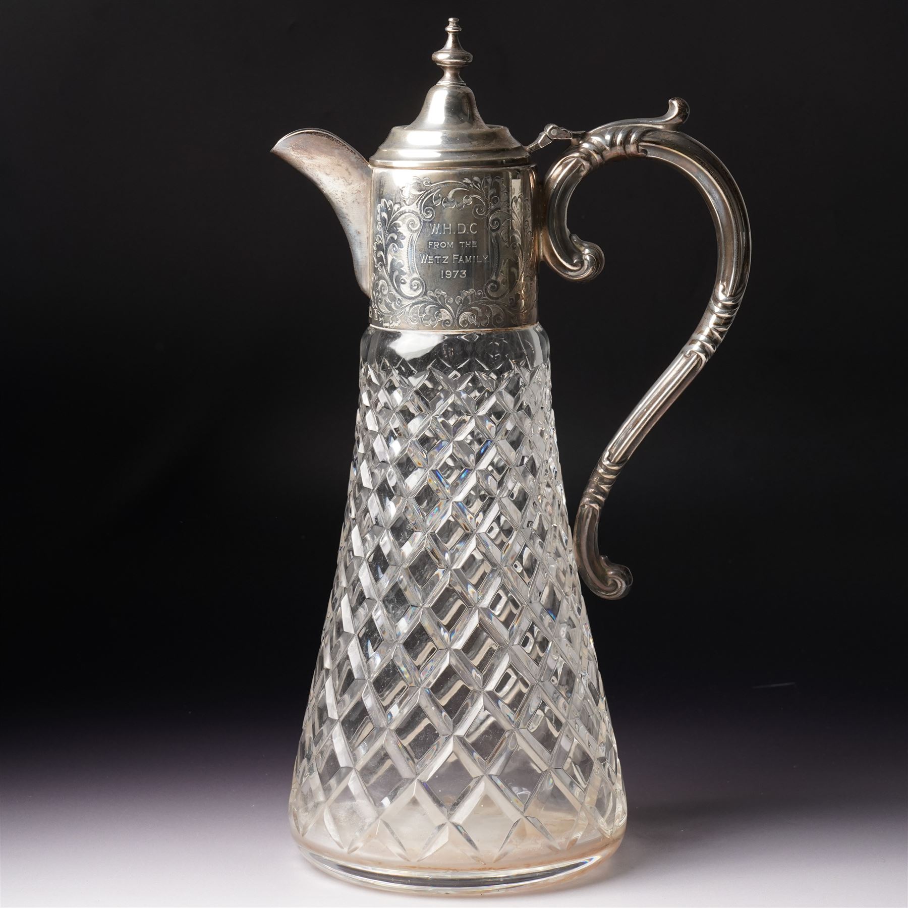 Glass claret jug with engraved silver mounts Birmingham 1972 Maker Garrard & Co. Ltd