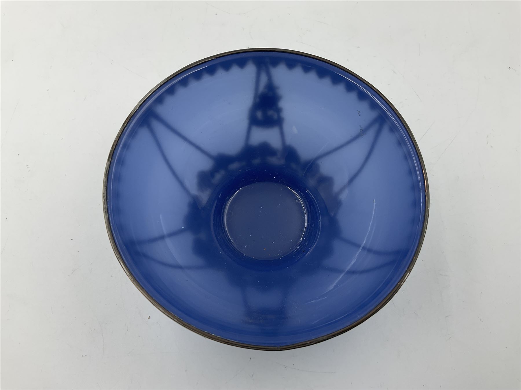 Chinese bronze vase, of baluster form with elongated neck, decorated in relief with birds amongst prunus blossom, together with a smaller pair of twin handled bronzed vases, decorated with peacocks and a blue Peking glass dish, with white metal mounted decorated with dragons, bronze vase H23.3cm