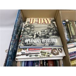 Large collection of hardback and paperback books, mainly military books, to include D-Day Operation Overload, Field of Fire, News from No Mans Lands, Churchill and the Wars at Sea, The Greatest Raid of all, etc in four boxes  