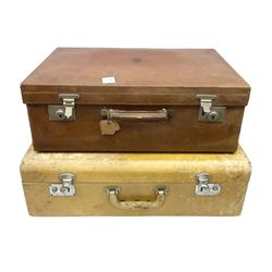 Vintage leather traveling case with monogram to cover, with watered silk lining to interior, and some contents, plus a further vintage travel case, (2)