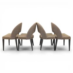 Modern oak extendable table and four chairs, extending top with stowable leaf (Extends to 152cm), chairs with brown upholstery and tapered square legs