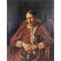 George Spencer Watson RA ROI RP (British 1869-1934): 'The Hon. Mrs Fremantle', oil on canvas unsigned, titled and attributed on the original frame, faded and indistinct title label verso 89cm x 70cm 
Notes: the painting depicts Isabella Maria (née Eardley) (1834-1901), daughter of Sir Culling Eardley Eardley, 3rd Baronet. She was the first wife (married 1863) of the Very Rev. Hon. William Henry Fremantle, D.D., Dean of Ripon (1831-1916). The Dean was the grandson of Vice-Admiral Sir Thomas Francis Fremantle, one of Admiral Lord Nelson’s band of brothers. The Hon. Mrs Fremantle was known for her charitable work and her work among the poor.