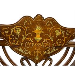 Edwardian inlaid rosewood salon sofa, serpentine seat, open fretwork back with centre urn motif