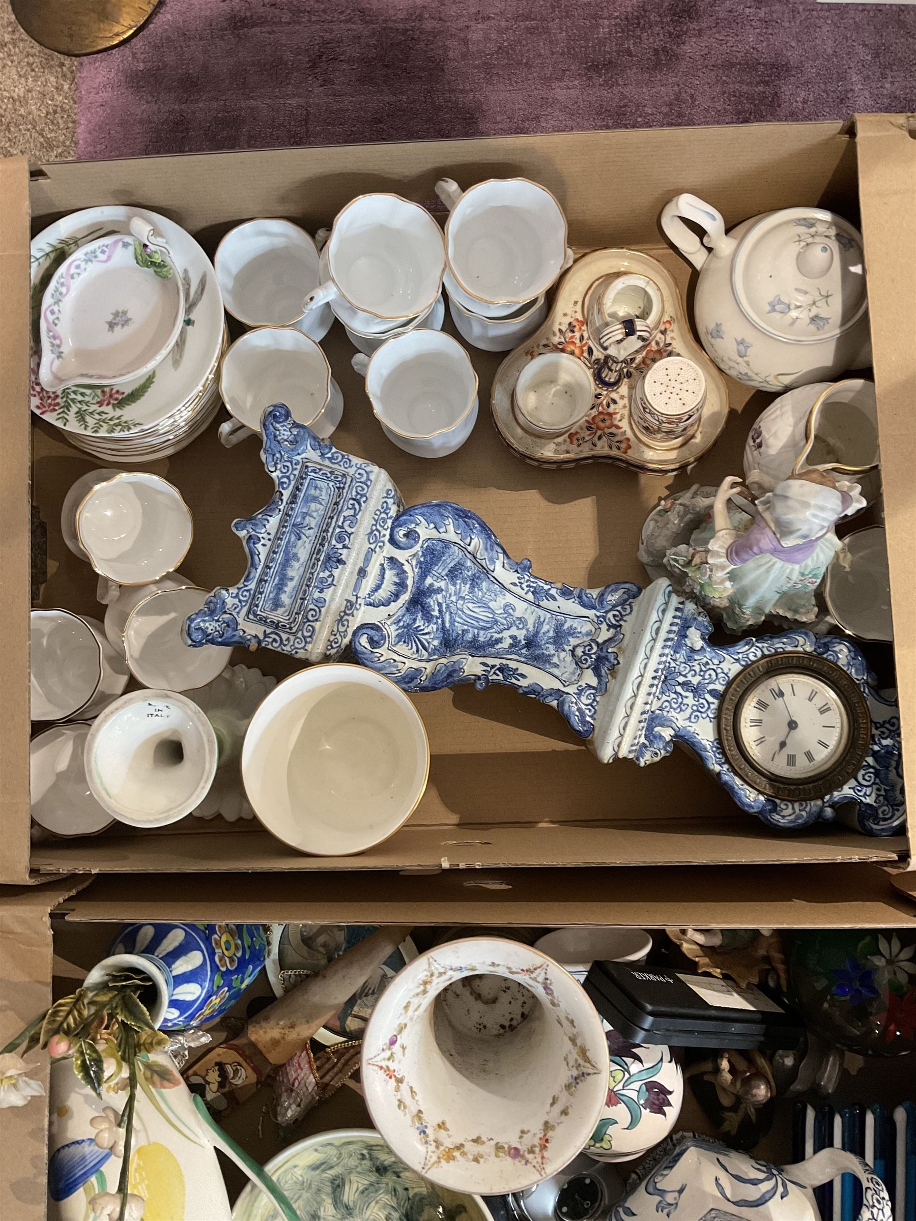 Mixed ceramics, to include a Susie Cooper jug, studio pottery dish, Delft clock, Coalport Mulberry Hall pot and reproduction mascaron jug, contents in two boxes