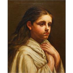 English School (19th century): Portrait of a Young Girl with Clasped Hands, oil on canvas ...