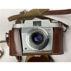 Collection of cameras and lenses, to include Pentax Program A camera body, serial no 123759, with 'Pentax-A zoom 1:3.5-4.5 28-80mm' len, Praktica EE2 camera body with 'Pentacon electric 1.8/50' lens etc, together with a Manfrotto tripod 