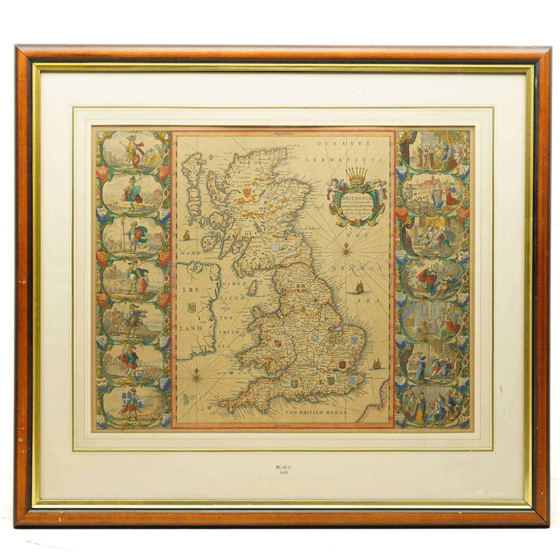 Johannes (Joan) Blaeu (Dutch 1571-1638): 'Britannia Prout Divisa fuit Temporibus Anglo-Saxonum Praesertim Durante Illorum Heptarchia' (Britain as it was Divided During the Anglo-Saxon Times), engraved map of the British Isles with hand-colouring and 14 Dutch style miniature vignettes depicting kings and scenes from Saxon history, later edition 43cm x 54cm