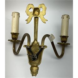 20th Century three branched painted chandelier with floral decoration, along with two branched metal wall sconce and a mirrored brass fire screen.  