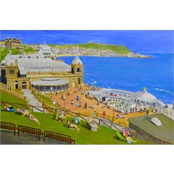Shirley Anne Harley (British Contemporary): Sunbathing at Scarborough Spa, acrylic on board signed 59cm x 89cm