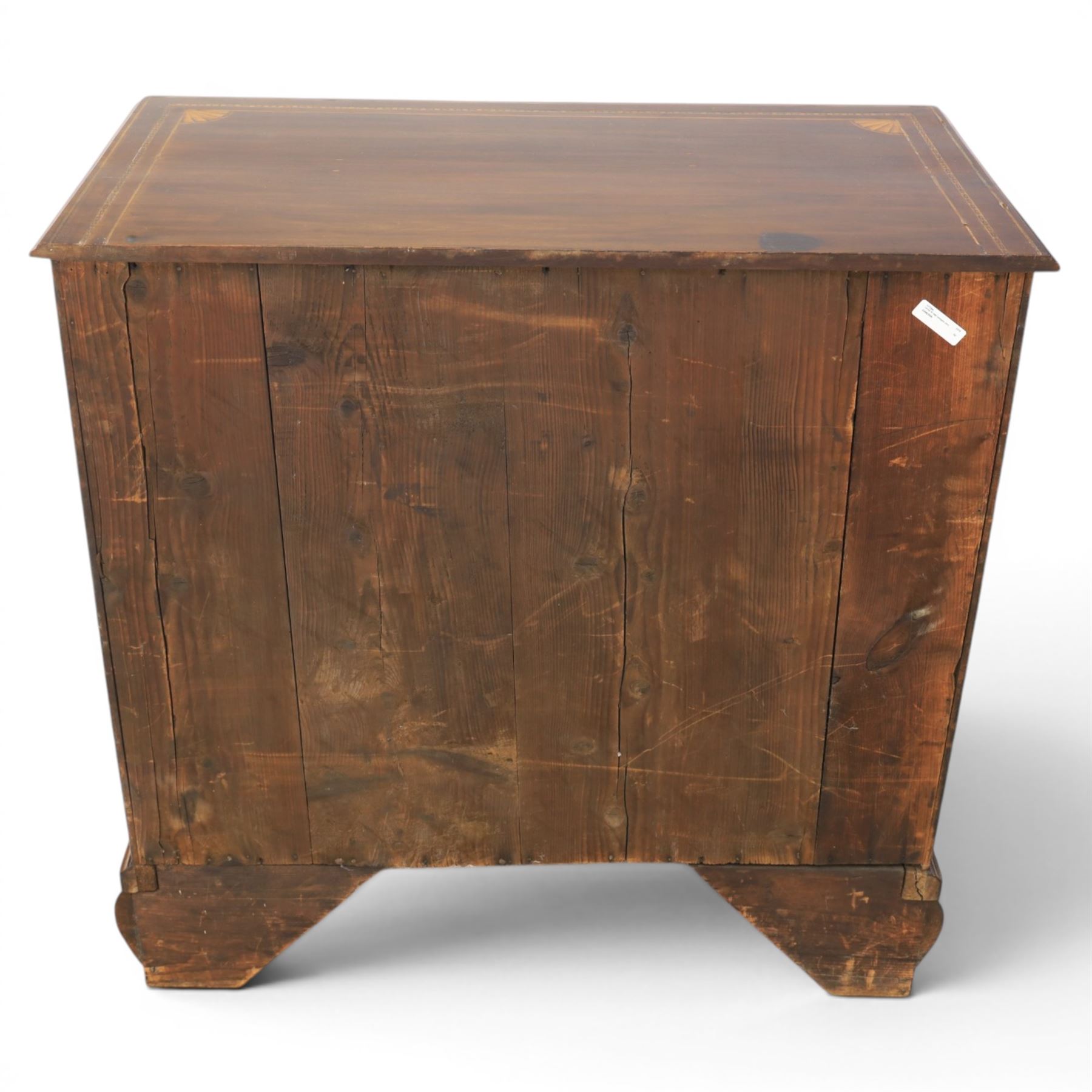 George III inlaid mahogany chest, shell inlaid and line chain detail, brass swan neck with cockbeaded edges, raised on bracket feet  