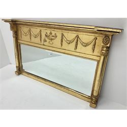 Regency style gilt overmantle mirror, Adam style urn flanked by swags