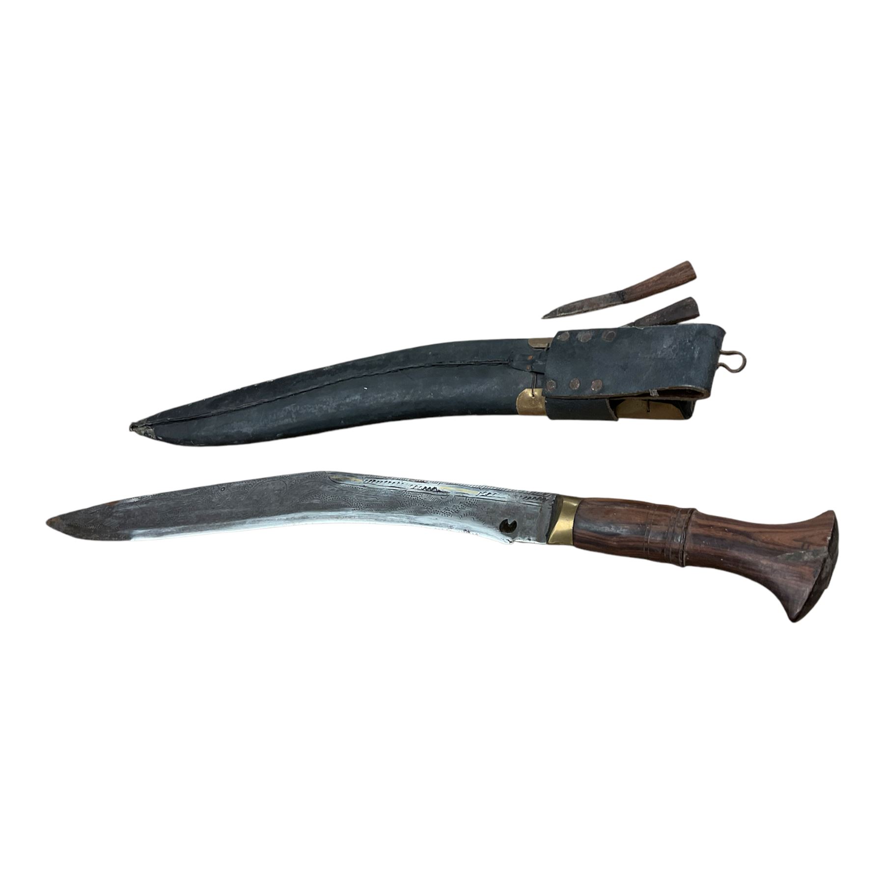 Nepali Kukri knife, steel blade, leather scabbard with brass decoration, wooden handle, blade length approx 46cm, L61cm overall 
