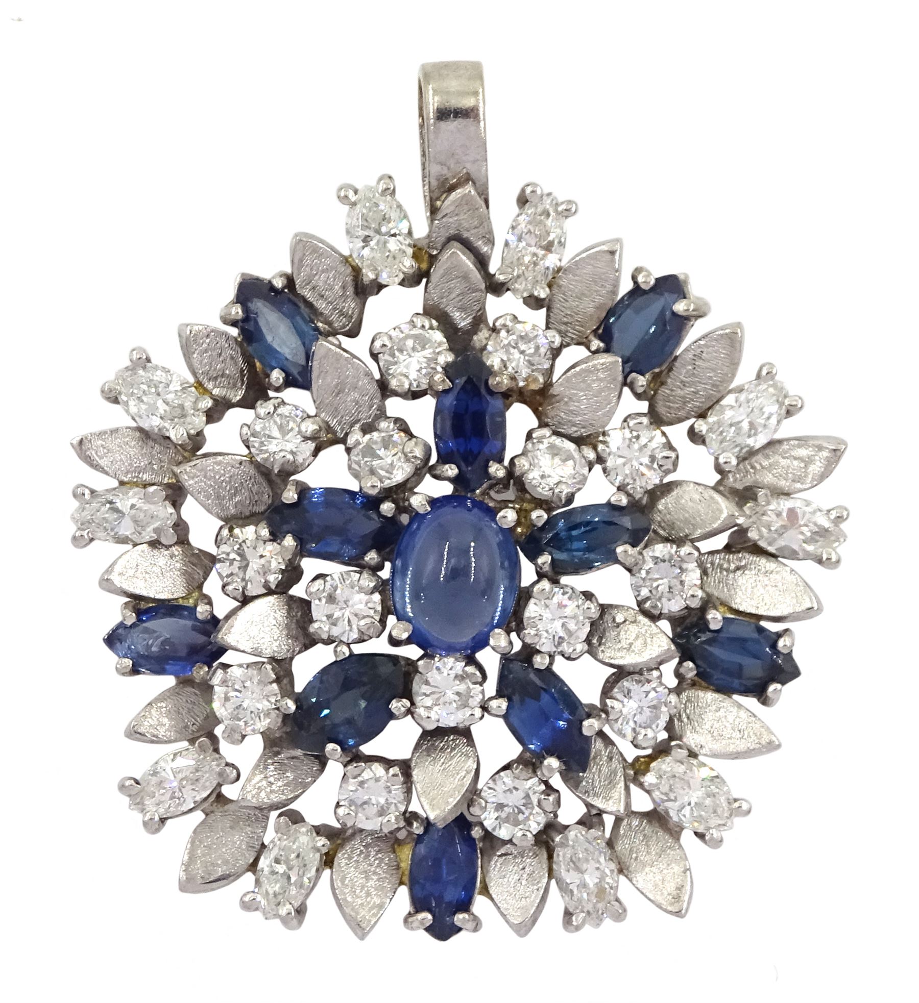 18ct white gold sapphire and diamond pendant, the central oval cabochon sapphire, with marquise cut sapphire and round brilliant cut diamond surround
