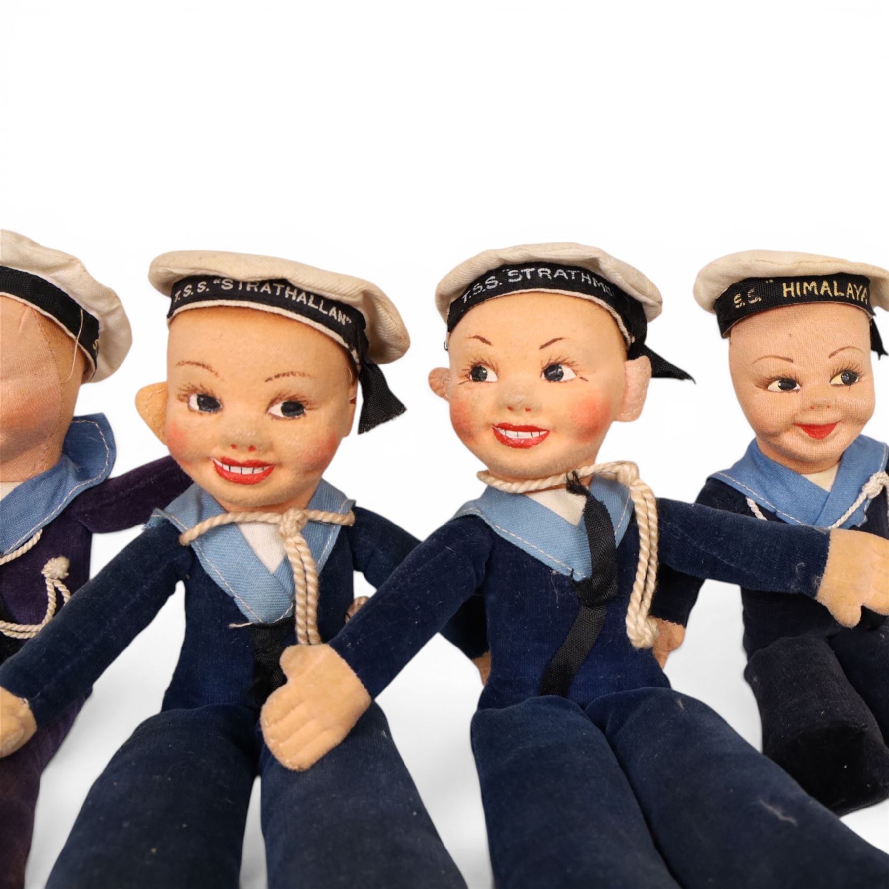 Four Norah Wellings P&O sailor dolls with booklets, comprising SS Himalya, SS Arcadia, TSS Strathallan and TSS Strathmore