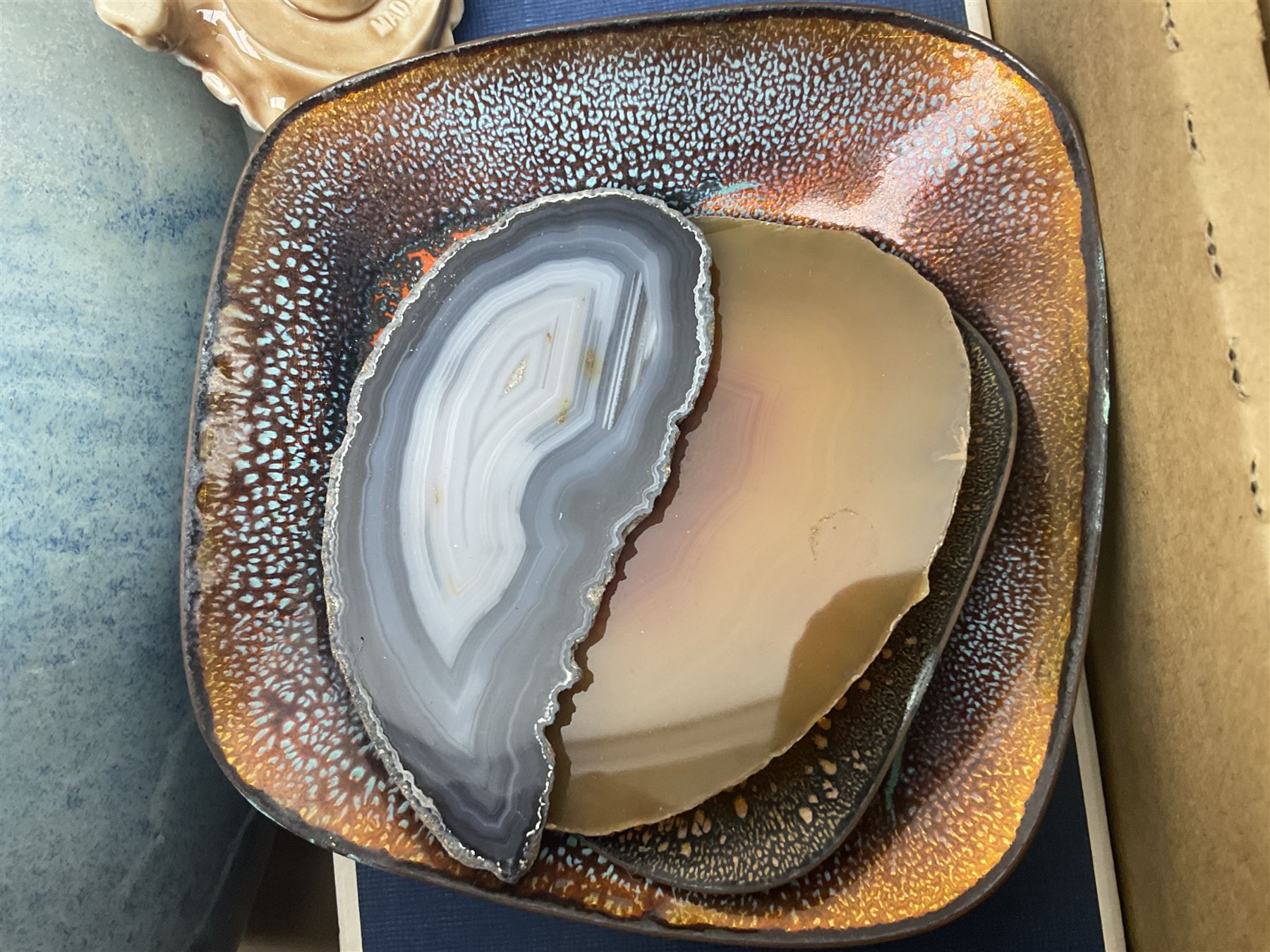 Masons and Furnival Denmark pattern blue and white tea wares, together with a Royal Worcester trinket box, Leedsware bowl and other ceramics and glassware, in four boxes