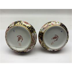 Pair of Royal Crown Derby 6299 imari pattern miniature vases, together with a miniature pitcher and dish in 2451 imari pattern, all with printed marks beneath, vase H12cm 