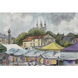 Penny Wicks (British 1949-): 'Helmsley Market' and 'Pickering from Beacon Hill', two watercolours and ink signed, titled on labels verso 25cm x 36cm and 27cm x 38cm (2)