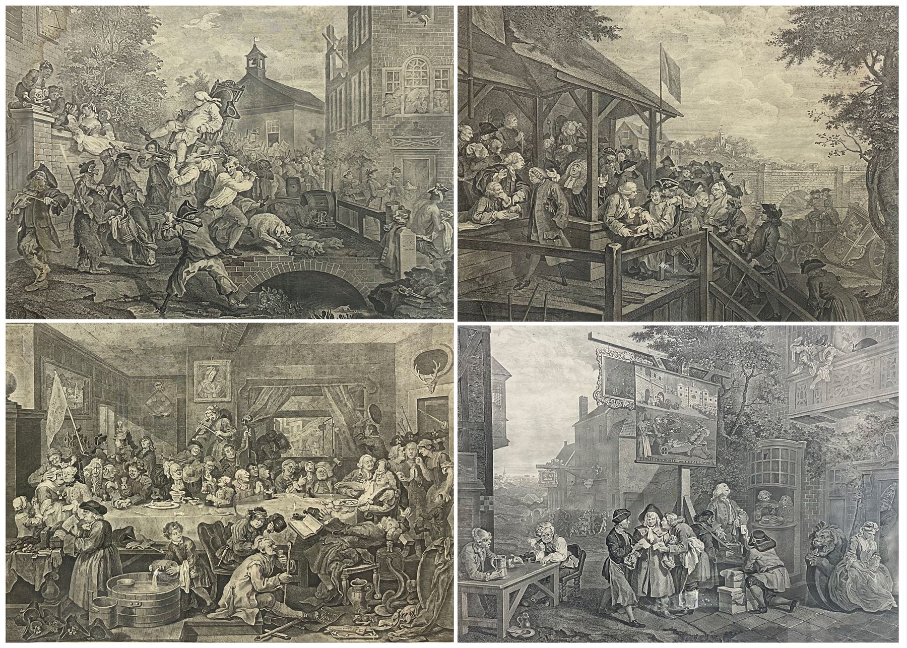 After William Hogarth (British 1697-1764): 'Humours of an Election' - 'An Election Entertainment Plate I' 'Canvassing for Votes Plate II' 'The Polling Plate III' and 'Chairing the Members Plate IV', complete set four engravings originally pub. 1775-1758, 43cm x 56cm (4)