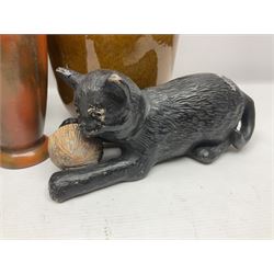 Burmantofts Faience vase, with elongated neck, and concentric circle decoration, in a green lustre glaze, together with a Bretby figure, modelled as a cat with a ball of wool, a Bretby vase, with fluted rim, in orange/red glaze, frog jug and a large West German vase, tallest H38cm