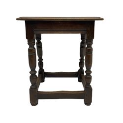 Georgian style oak joint stool, the pegged and moulded rectangular top on splayed turned supports joined by stretcher rails