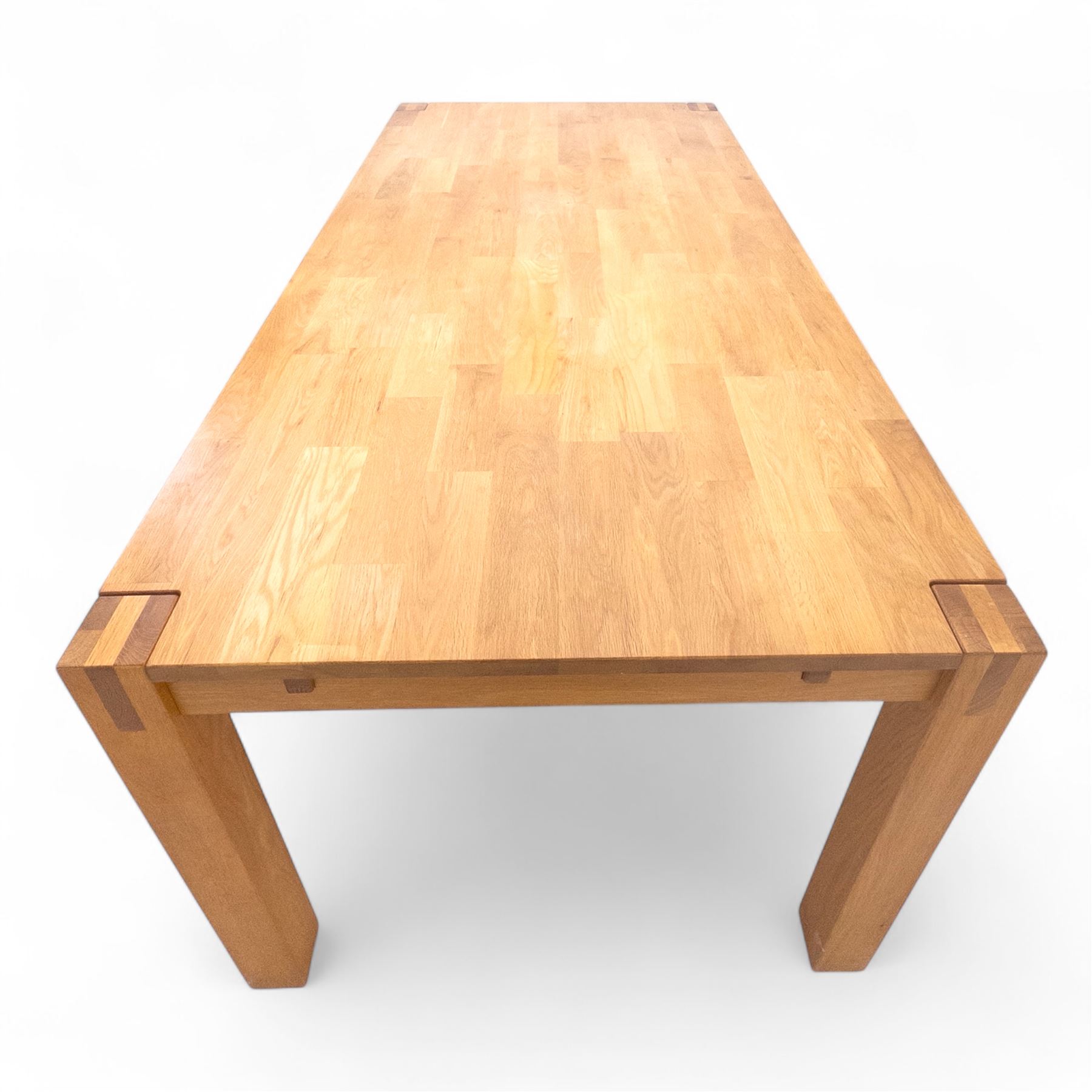 Contemporary solid oak rectangular dining table, with two additional extension leaves, together with eight matching high back dining chairs upholstered in cream suede-effect fabric (9) (Chair H 95cm, W 41cm, D 53cm) (Extends to 270cm)