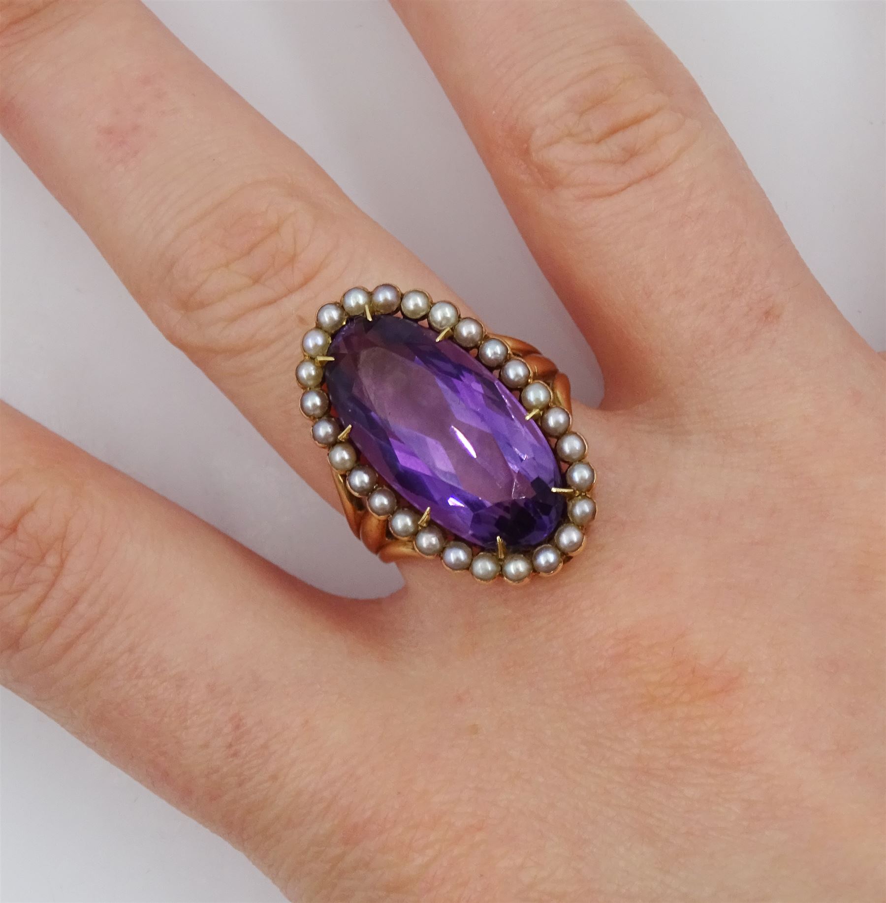 Victorian 9ct gold oval amethyst and seed pearl cluster ring, boxed