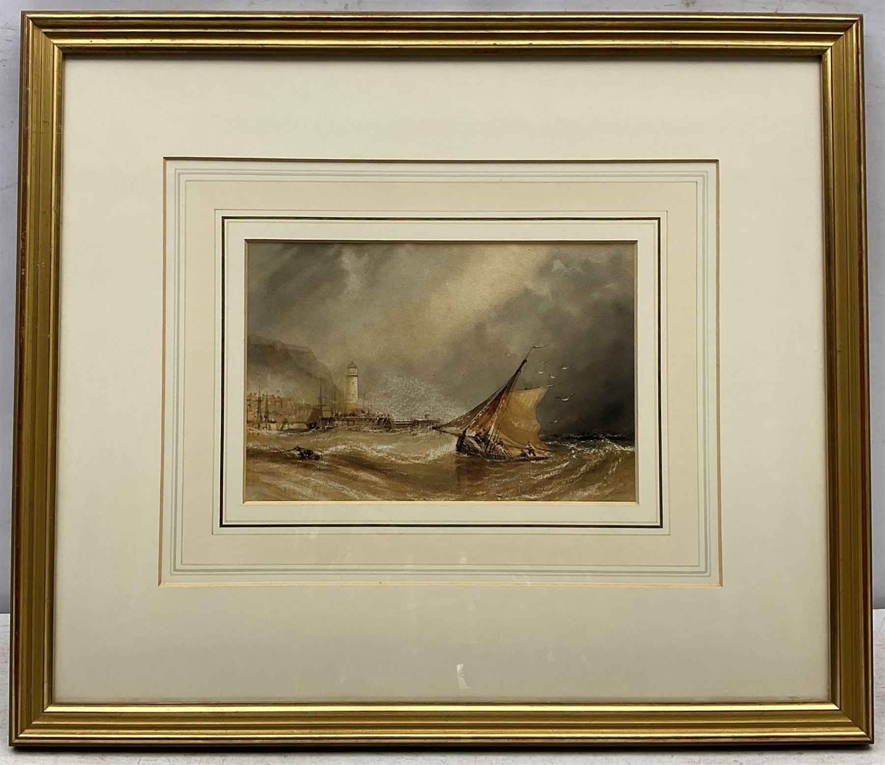 Henry Barlow Carter (British 1804-1868): Fishing Boat returning to Scarborough Harbour, watercolour with scratching out unsigned 16cm x 24cm
Provenance: with Walker Galleries, Harrogate, label verso