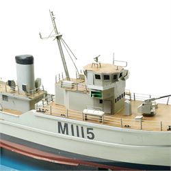 Scale built wooden model of the minesweeper HMS Bronington M1115 on wooden base, under the command of HRH Prince Charles in 1976 L104cm with booklet and drawings