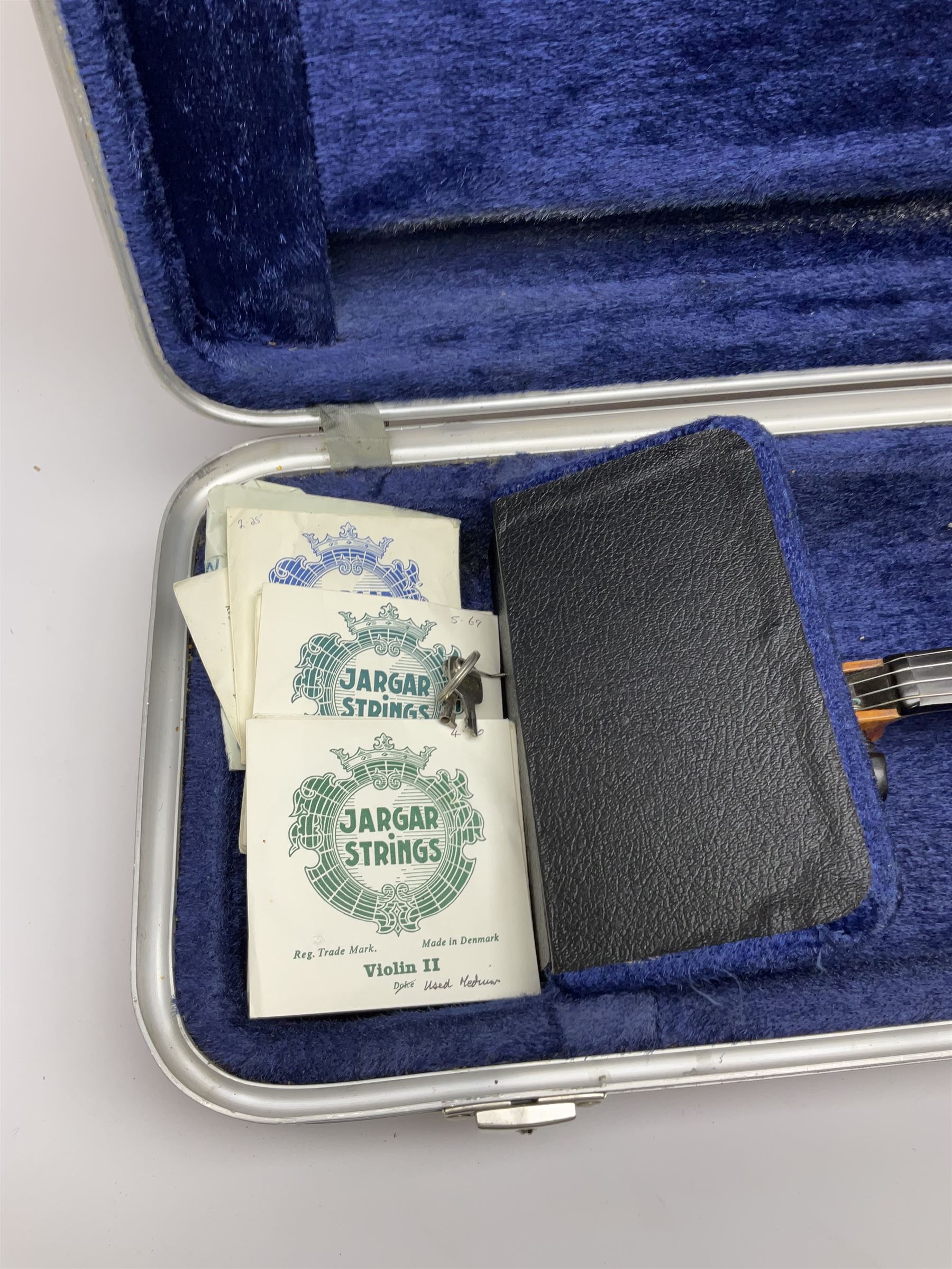 Early 20th century German Ernst Kreusler violin with 36cm two-piece maple back and ribs and spruce top, bears label 'Ernst Kreusler Dresden Anno 1925  Hand made reproduction of Antonius Stradivarius Cremona', overall L59cm; in hard carrying case