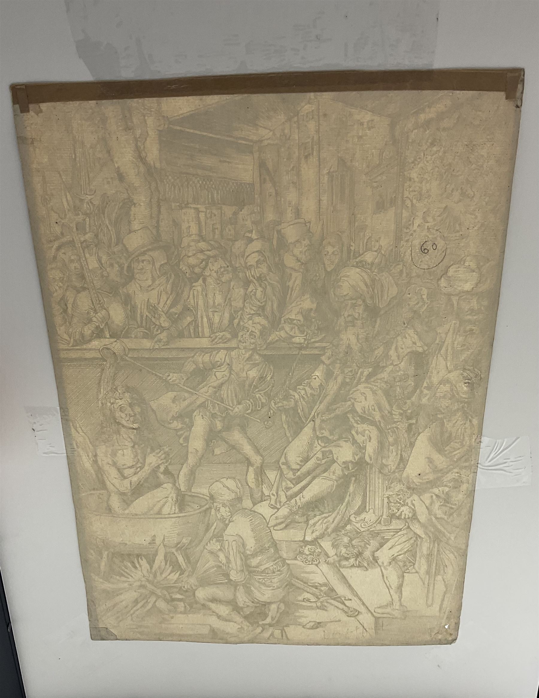 Albrecht Dürer (German 1471-1528): 'The Martyrdom of Saint John', wood cut from The Apocalypse portfolio first pub. 1498, 38cm x 27cm